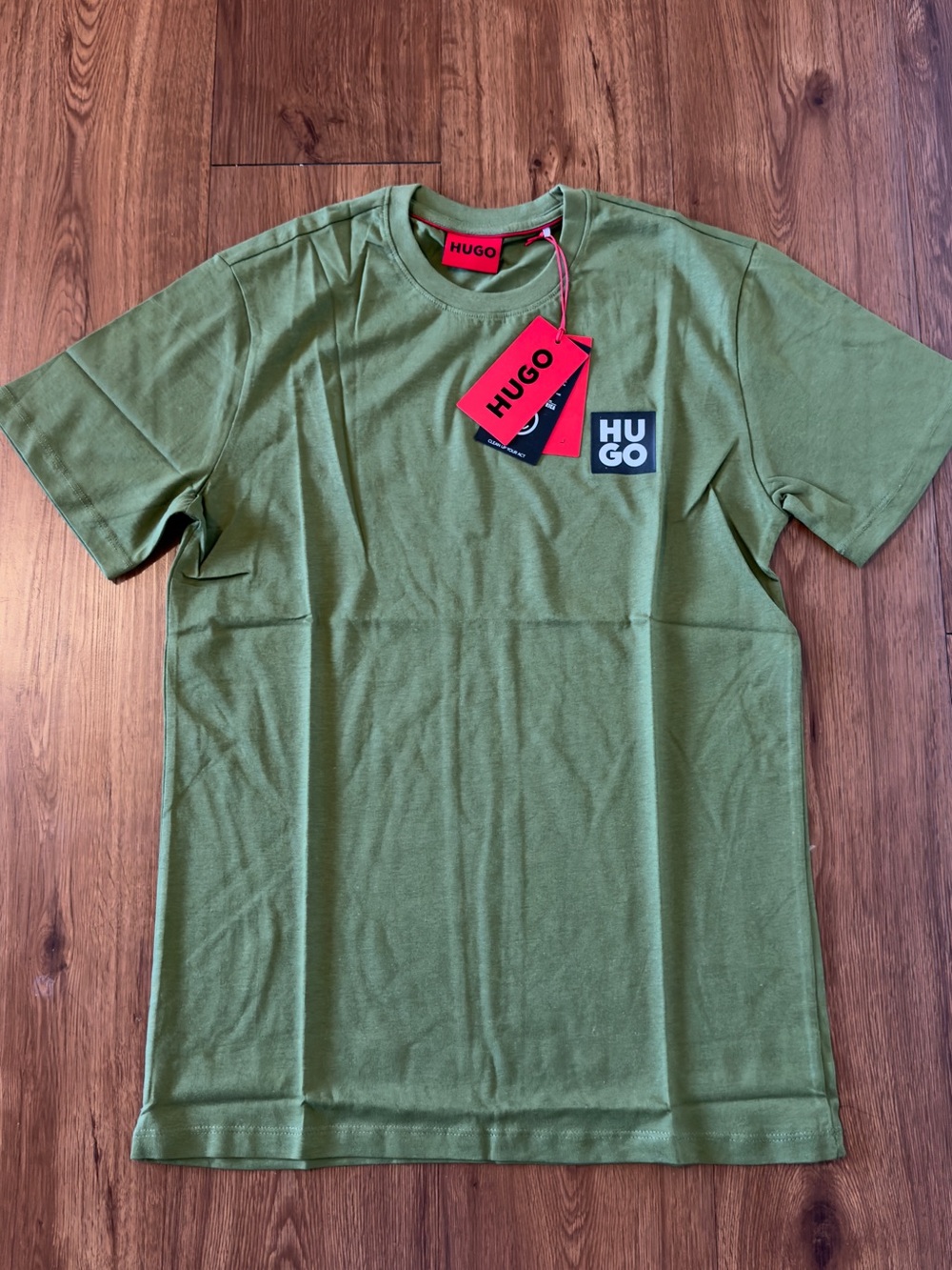 HUGO Olive Green Logo Crew Tee with Red Tag